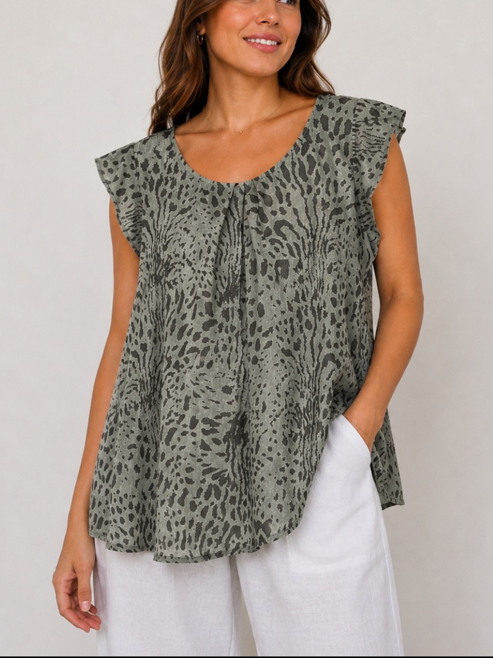 Terzo Millennio Made in Italy 100% Linen Animal Print Flutter Sleeve Top 2X Plus